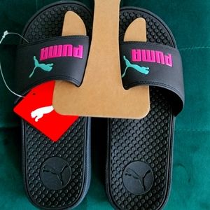 Puma Slides Slipper Sandals Womens 8 Pink Logo Cool Teal Cat